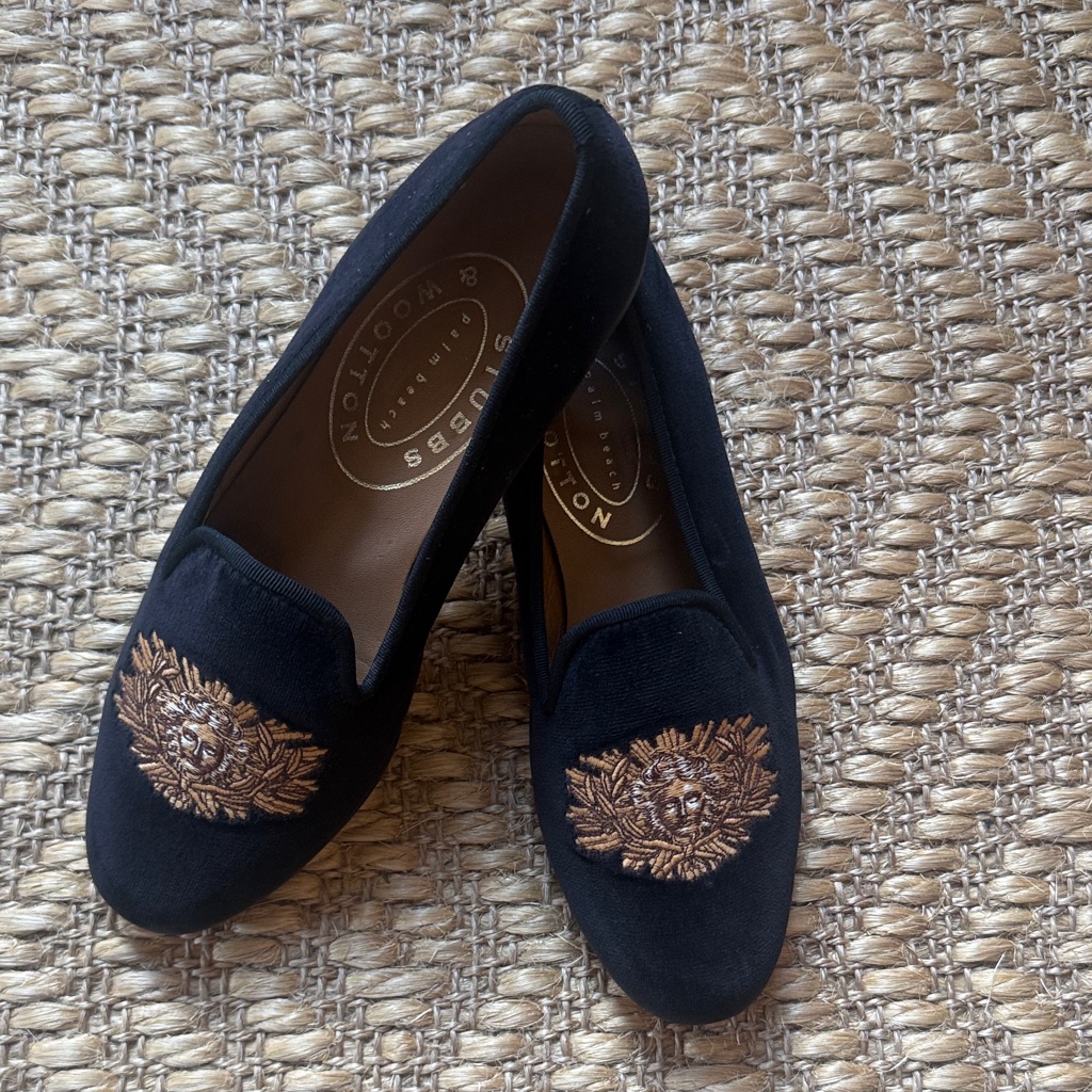 Stubbs & Wooton Black Velvet Loafers With Medusa Head In Gold Embroidery